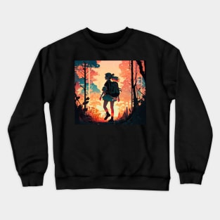 Girl trekking in the woods with a beautiful sunset effect. Crewneck Sweatshirt